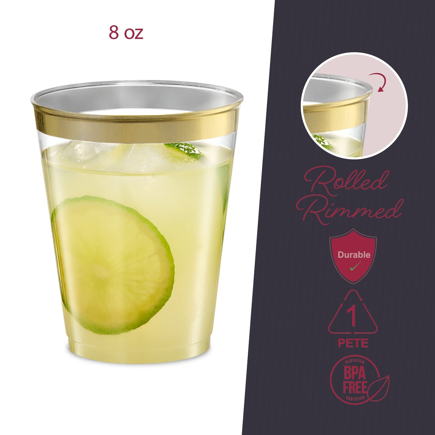 PLASTICPRO Disposable 8 oz Crystal Clear Plastic Tumblers With Gold Rim for Party's & Weddings pack of 50