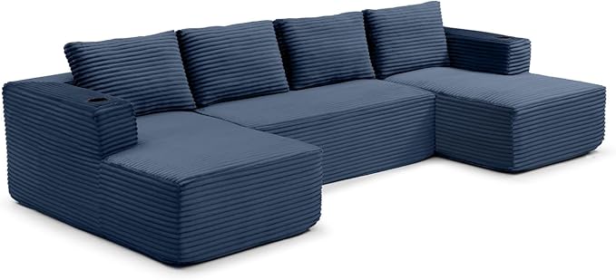 132" Modular Sectional Sleeper Sofa, Boneless Cloud Couch for Living Room, U Shaped 5 Seat Sofa with 2 Cup Holders, Free Combination, No Assembly Required (Blue)