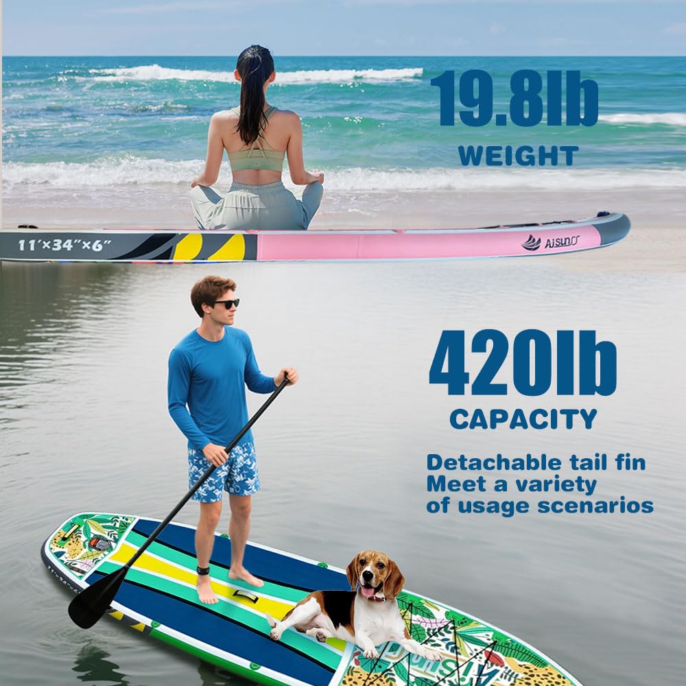 AISUNSS Inflatable Paddle Board for Adult, Paddle Board for All Skill Levels, Wide SUP Board with Primium Accessories Include SUP Carry Bag, Hand Pump& 10L Waterproof Bag (Boys)