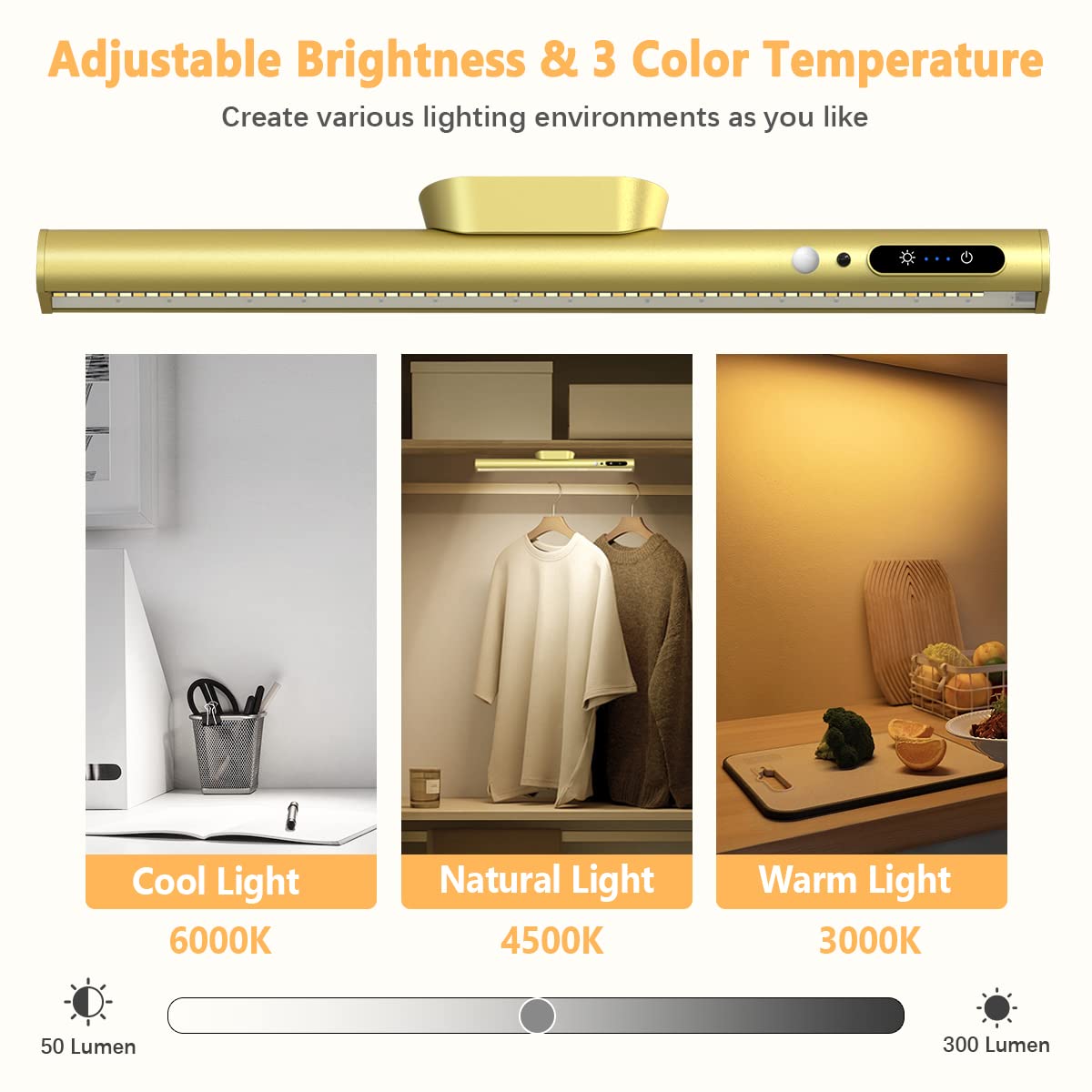 Hapfish Motion Sensor LED Light Bar Indoor, Rechargeable Under Cabinet Lighting Wireless, Magnetic Battery Powered Operated Wall Strip Lights with Remote Control for Picture Mirror Closet Room âGold