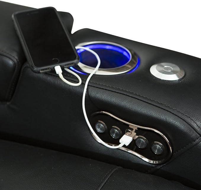 Seatcraft Anthem Home Theater Seating - Italian Leather - Power Recline Sofa - Fold-Down Table - Powered Headrests - Arm Storage - USB Charging - Cup Holders, Black