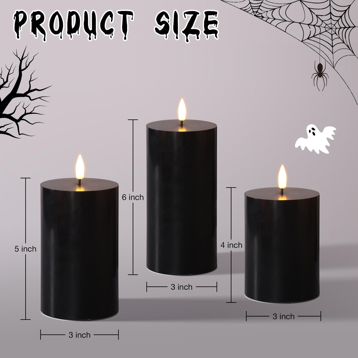Girimax Black Halloween Flameless Candles with Remote, LED Pillar Candles Set of 3, Flickering Real Wax Electric Candles Battery Operated