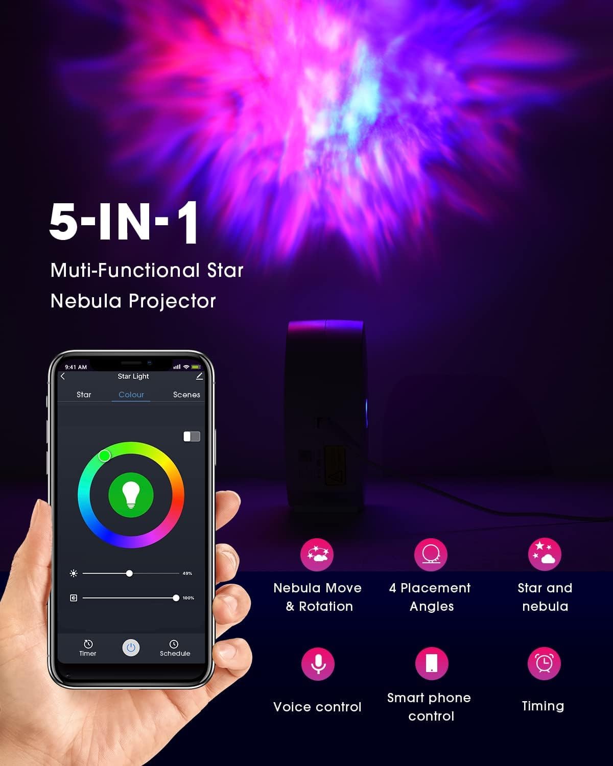 Smart Galaxy Star Projector, LED Nebula Ceiling Night Light with App & Voice Control, Perfect for Gaming Rooms, Bedrooms, Home Theater, and Camp Tent, Stunning Starry Sky Effect