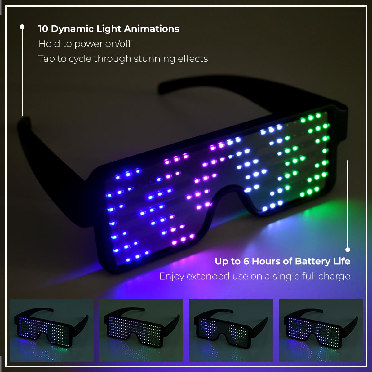 LED Glasses – Light Up Sunglasses for Raves & Parties, USB Rechargeable Neon Glow with 11 Flashing Modes (Multicolor)