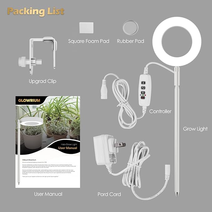 GLOWRIUM Grow Lights for Indoor Plants, Full Spectrum LED Grow Light Floor Lamp with Stand Adjustable Height and Angle, Black Plant Light with 3/9/12H Grow Light Timer (White, 12W)