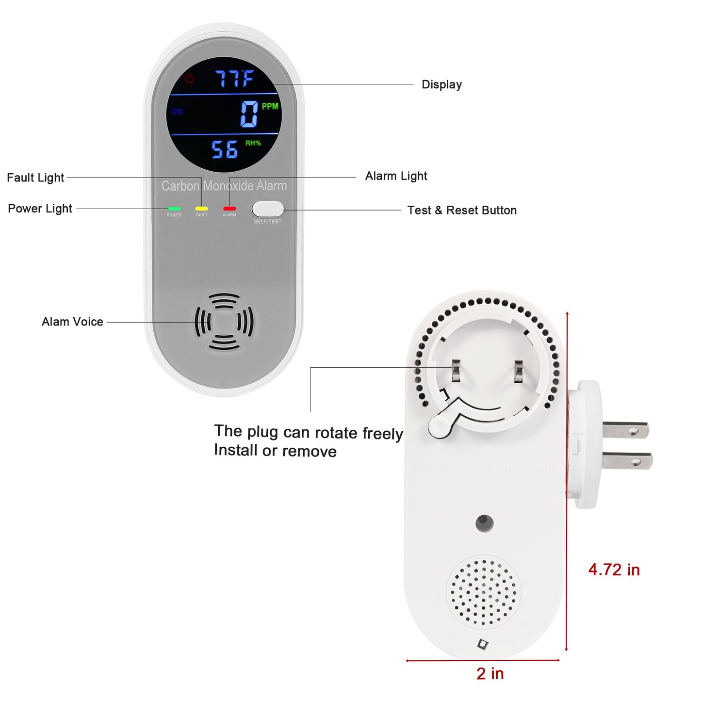 Plug in Carbon Monoxide Detector, Carbon Monoxide Alarm, 3-in-1 Real-time Digital Display CO Level, Fahrenheit(°F) & Humidity, Co Detector Monitor for Home,RV,Apartment