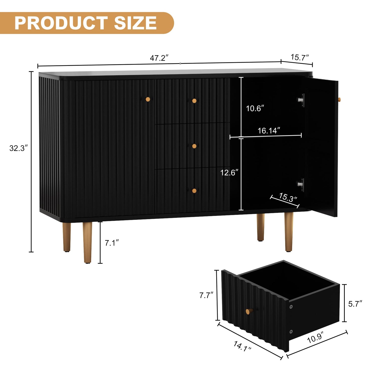 ARTPOWER Sideboard Buffet Cabinet with Drawers, 48" Fluted Accent Storage Cabinet, Modern Credenza for Entryway, Kitchen, Living Room, Black