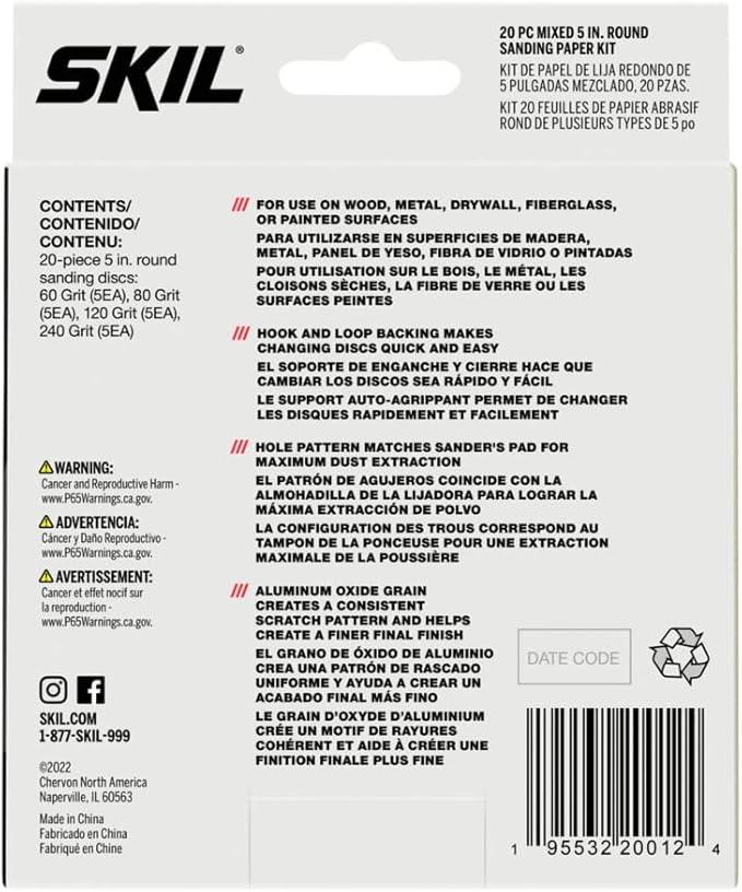 SKIL 20-Piece Mixed 5 in. 60/80/120/240 Grits Round Sanding Paper Kit for SKIL Sanders SR211601/SR6604B-10/SR660302 - CDA9003