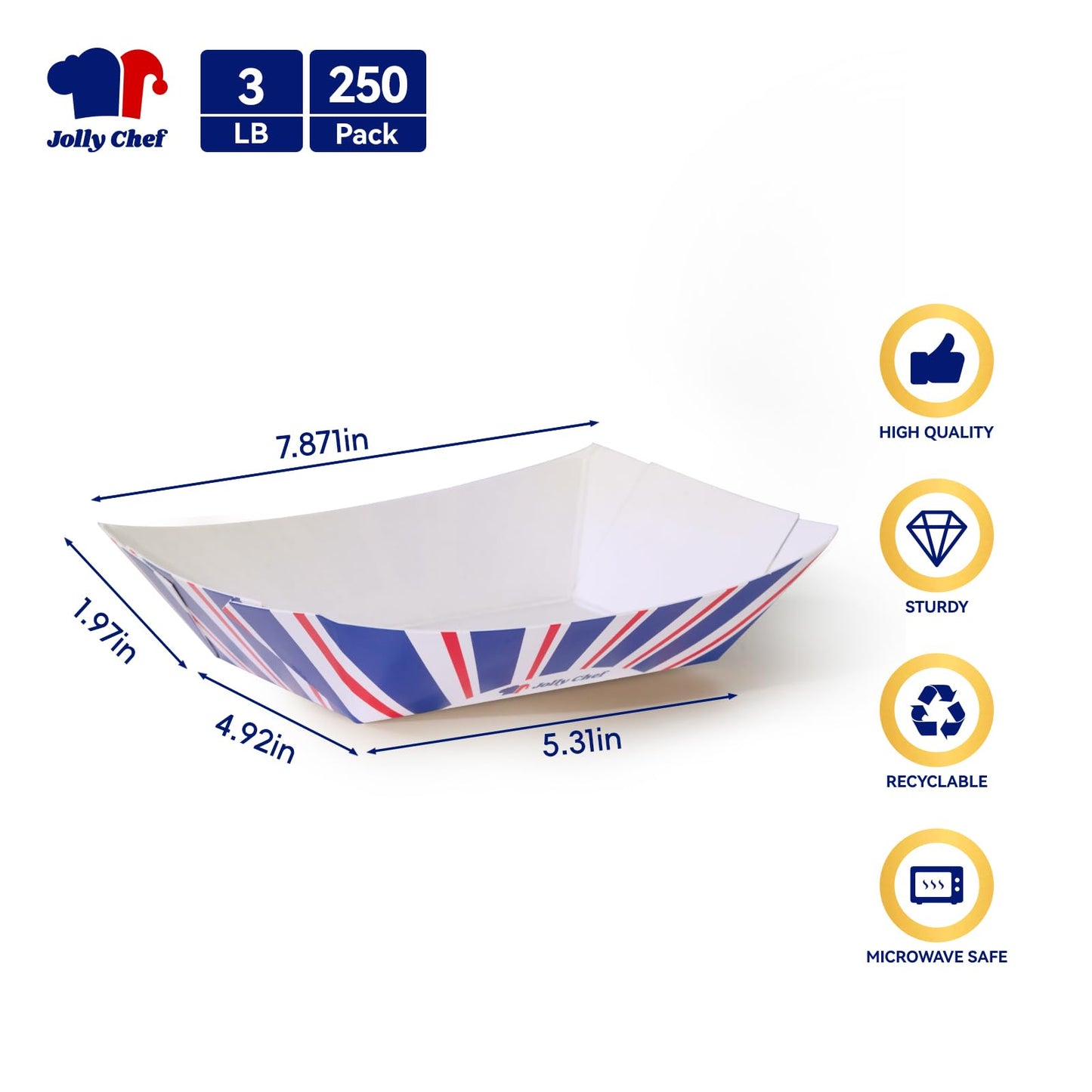 JOLLY CHEF Disposable Paper Food Trays, 250 Count - 3lb Serving Boats for Gameday,Paper Food Boats for Hot Dogs, Fries & Party Snacks