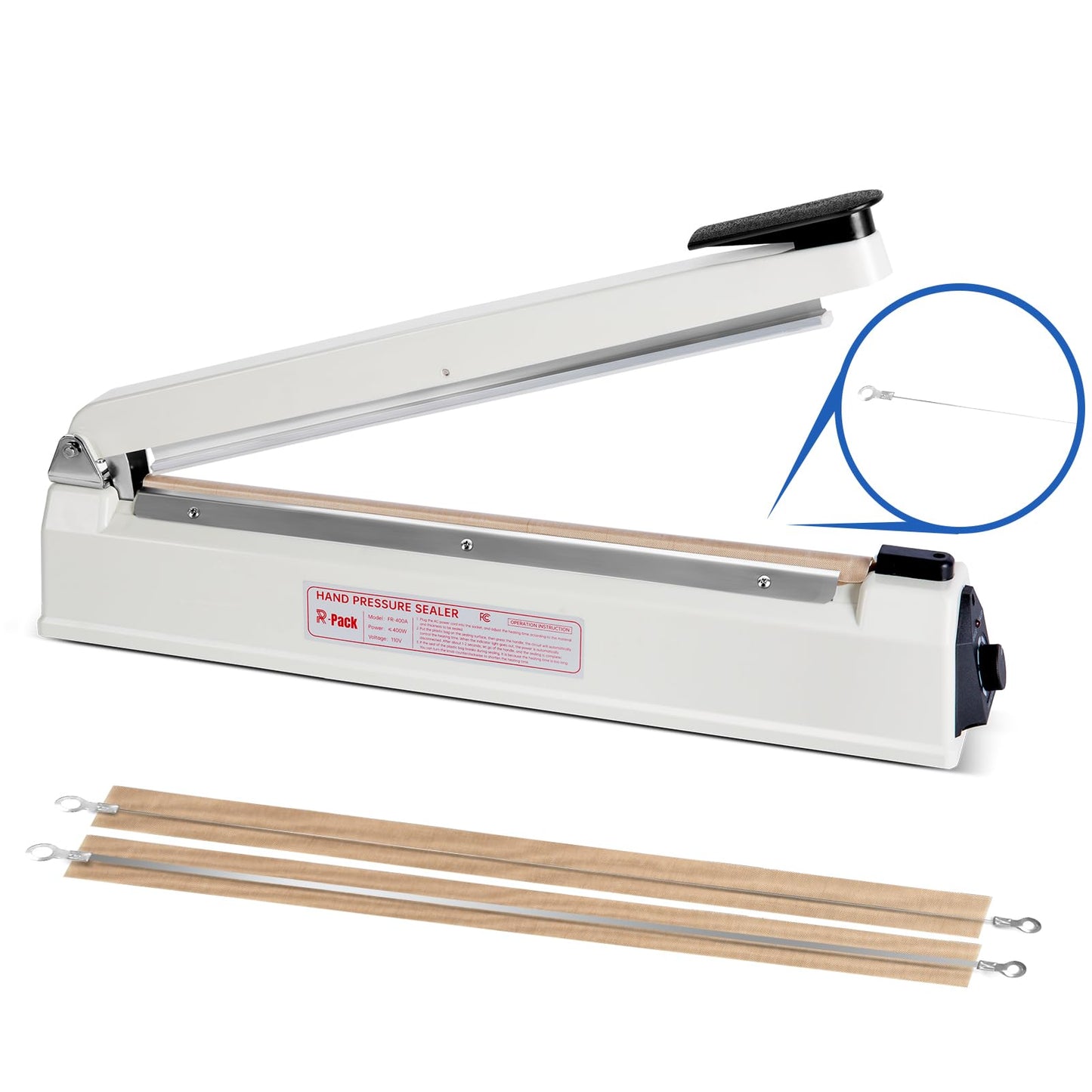 R-PACK Impulse Heat Sealer with Cutter, Heavy-Duty Bag Sealing & Cutting Machine, 2 Extra Replacements (White, 16-Inch)