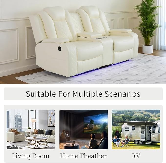 Leather Recliner Loveseat Set with LED Light, Power Leather Sectional Set, Living Room Furniture Sets 2 Seats, Modern Power Reclining Sofa Sets with Storage Console/Cup Holder for RV(Creamy White)