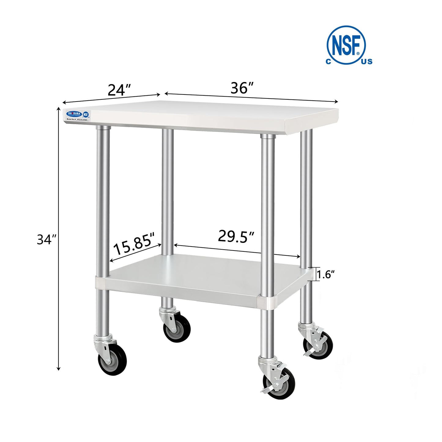 HARDURA Stainless Steel Table with Wheels 24 x 36 Inches Kitchen Prep Table Heavy Duty Stainless Steel Workbench with Aluminium Corner Undershelf NSF 304 Metel Table for Commercial Restaurant