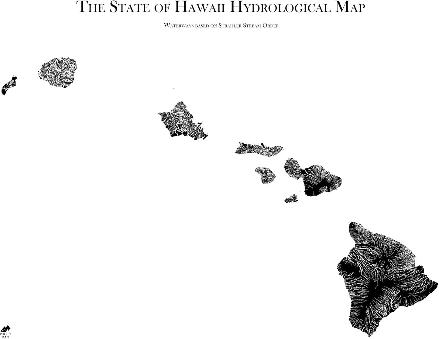 Muir Way Hydrological River Map of Hawaii - Watershed Topographic Wall Art for Home, Office, or Travel Decor - Unframed Flat Paper Print, 24x30