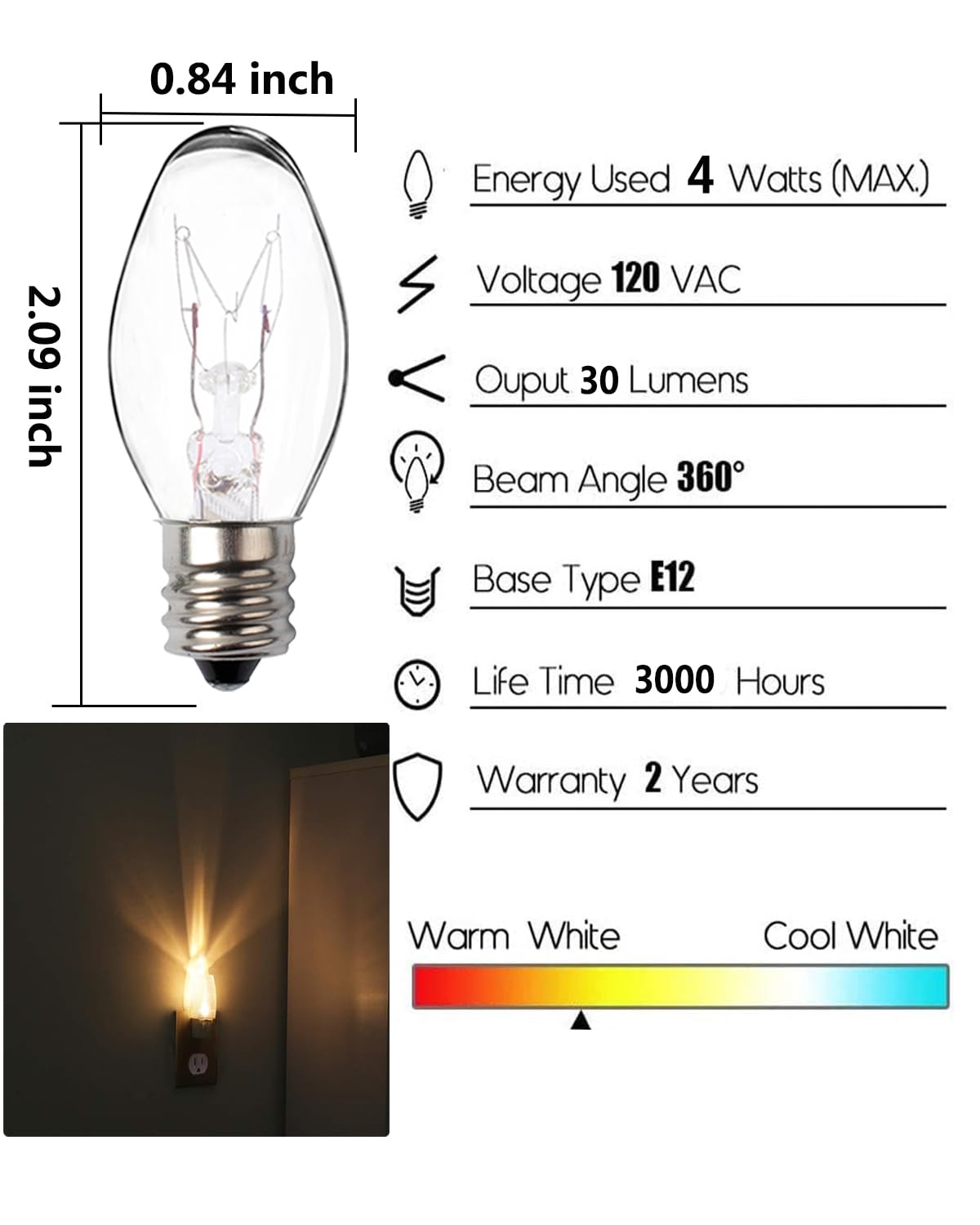 Snnalosses Night Light Bulbs 4 Watt -C7 Décor Small Light Bulb - E12 Candelabra Base- Night Light Warm White Replacement Bulbs,15 Packs