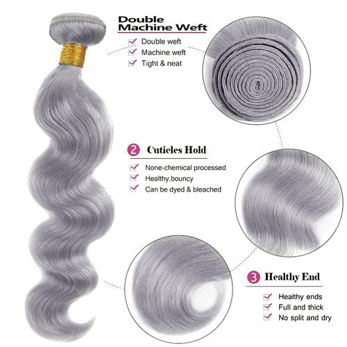 Giginger Sliver Grey Human Hair Bundles 14 16 18 inch Body Wave Human Hair Bundles Sliver Grey 100% Unprocessed Raw Quick Weave Hair for Black Women