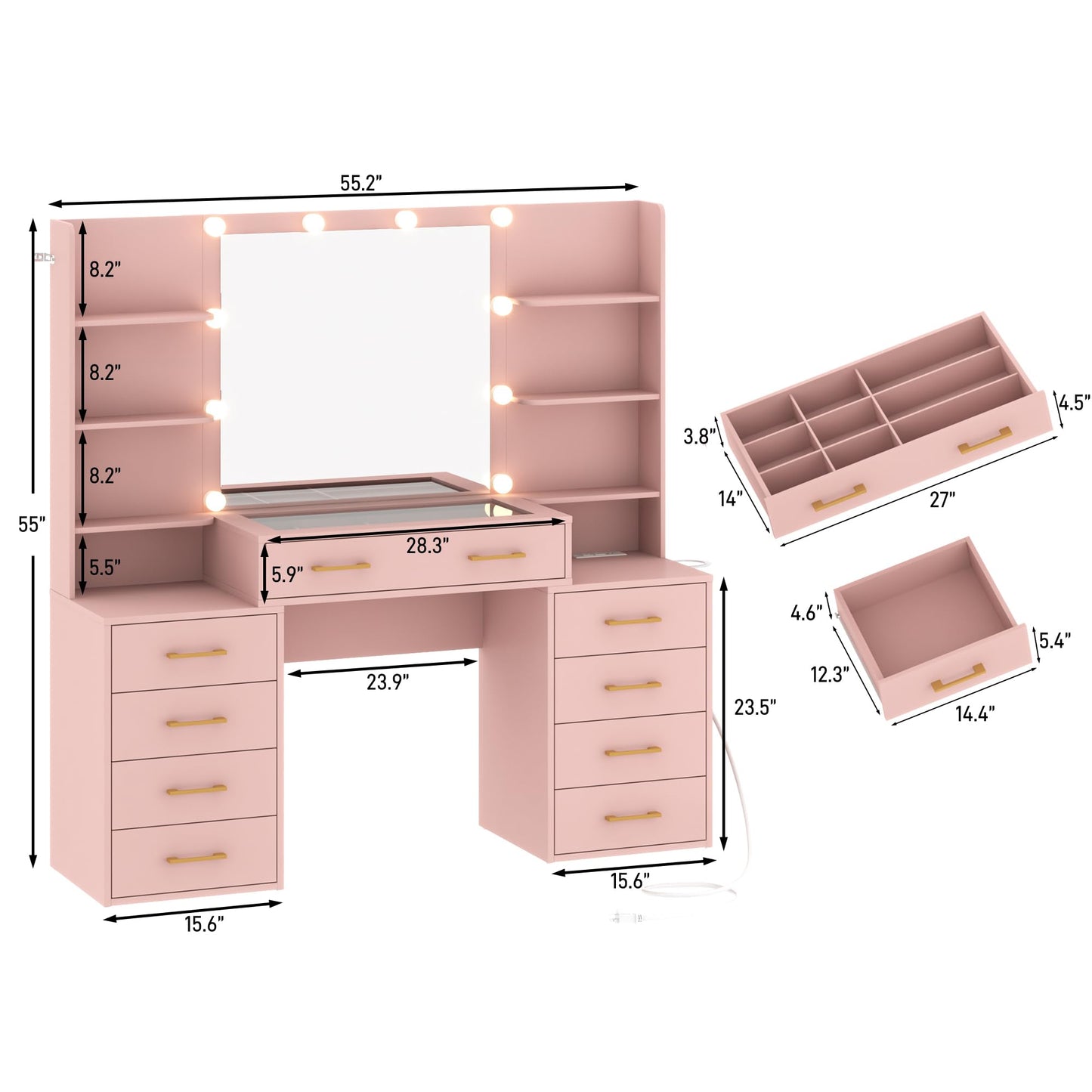 jiteentarou 55 in Glass Top Vanity Desk with Mirror and Lights, Large Vanity Makeup Mirror Desk with Charging Station Compartment Storage Drawers, Modern Makeup Vanity with 9 Drawers 6 Shelves, Pink