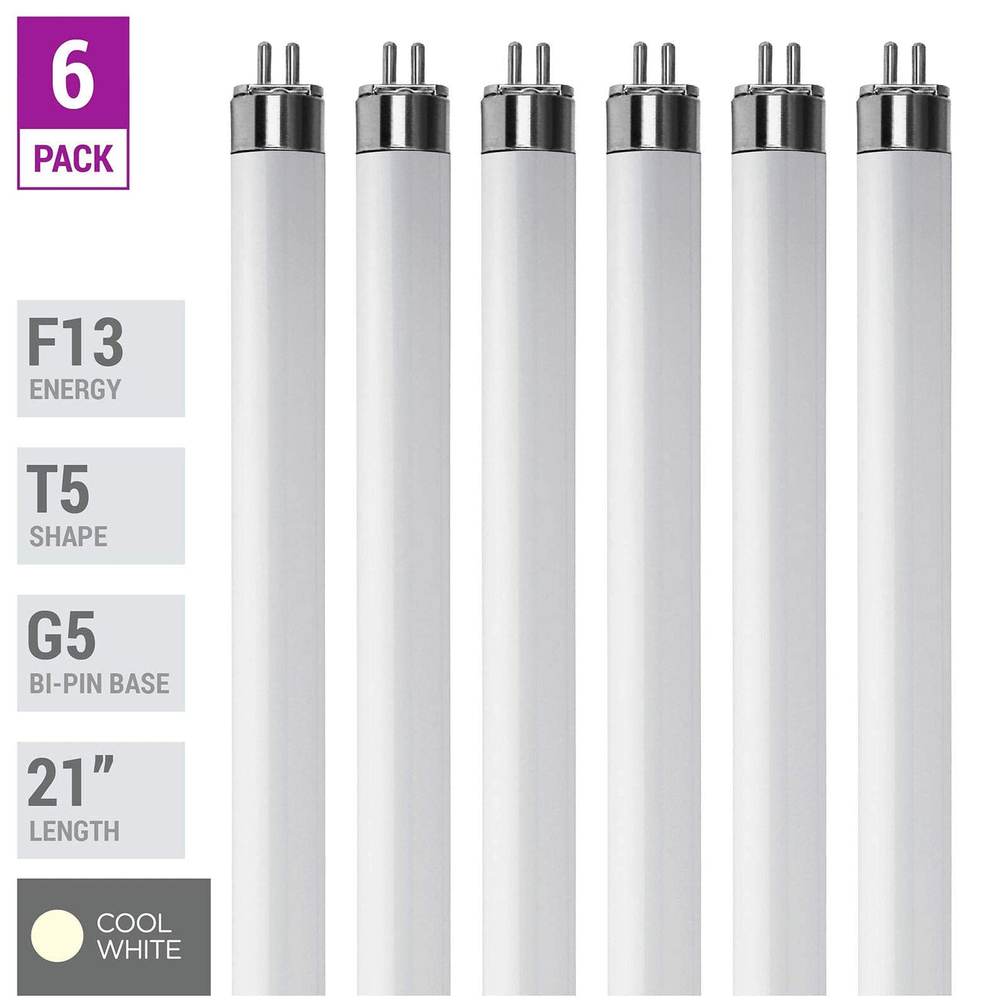 KOR (Pack of 6) F13T5/CW - T5 Fluorescent 4100K Cool White - 13 Watt - 21" Super Long Life Light Bulbs