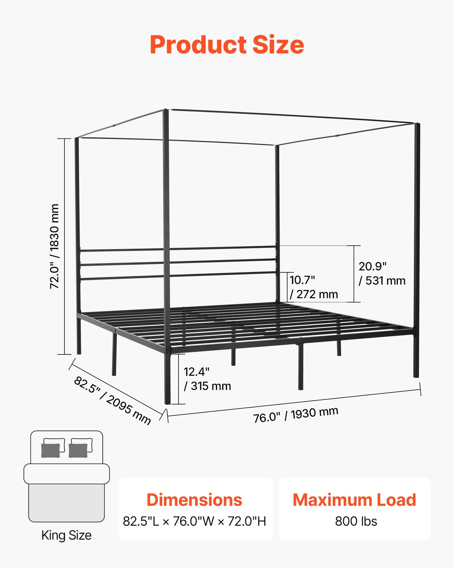VEVOR King Size Canopy Bed Frame, Metal Canopy Bed with Four Posters Design, Heavy Duty Steel Slats Support, Underbed Storage Space, No Box Spring Needed, Easy Assembly, Black