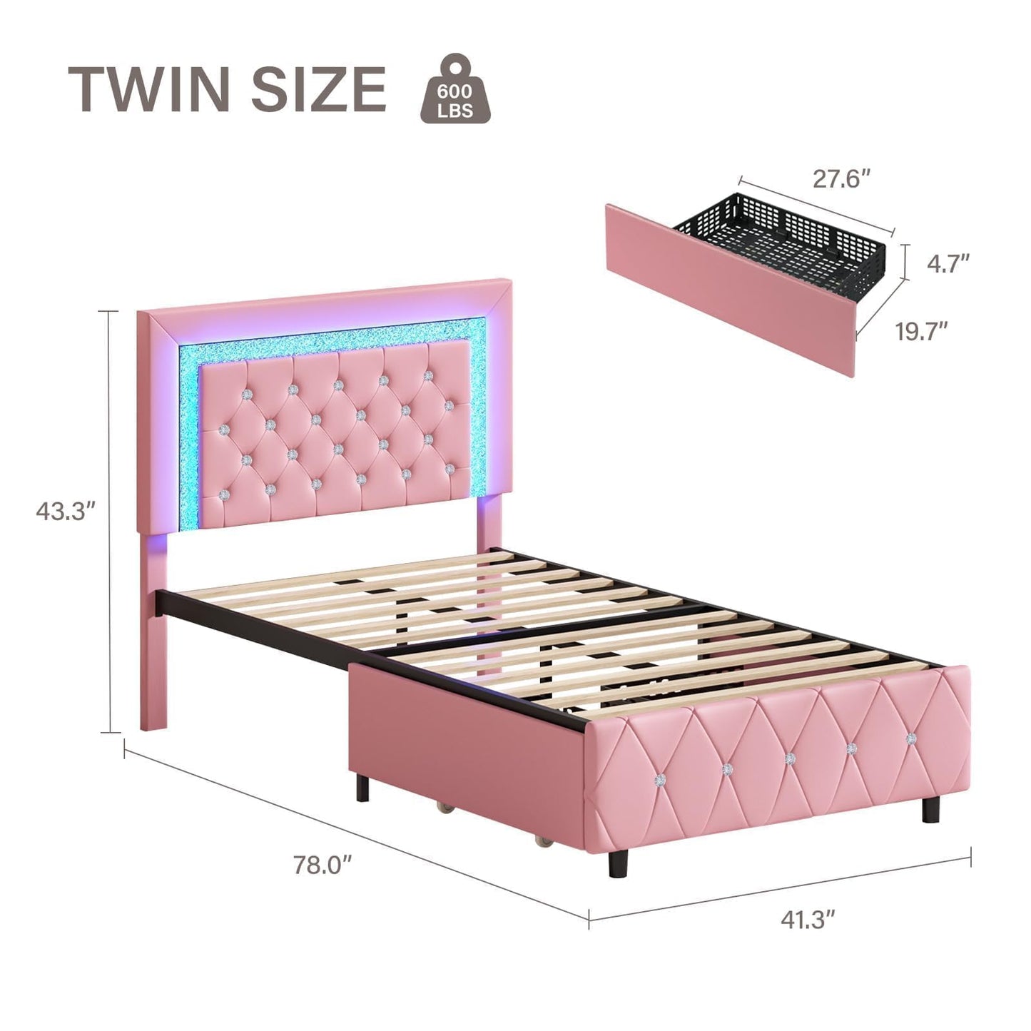 Twin Bed Frames with LED Lights and Storage Drawers, Upholstered Platform Bed with Diamond Headboard, Faux Leather Princess Platform Bed, No Box Spring Needed, Easy Assembly, Pink