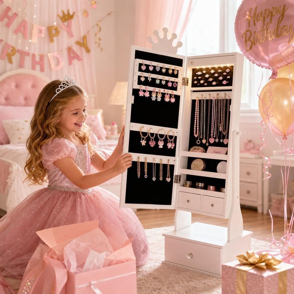 Garvee Kids Jewelry Armoire with Full Length Mirror, LED Lights, Adjustable Angle, Lockable Jewelry Cabinet for Girls, Standing Organizer, Gift for Girls