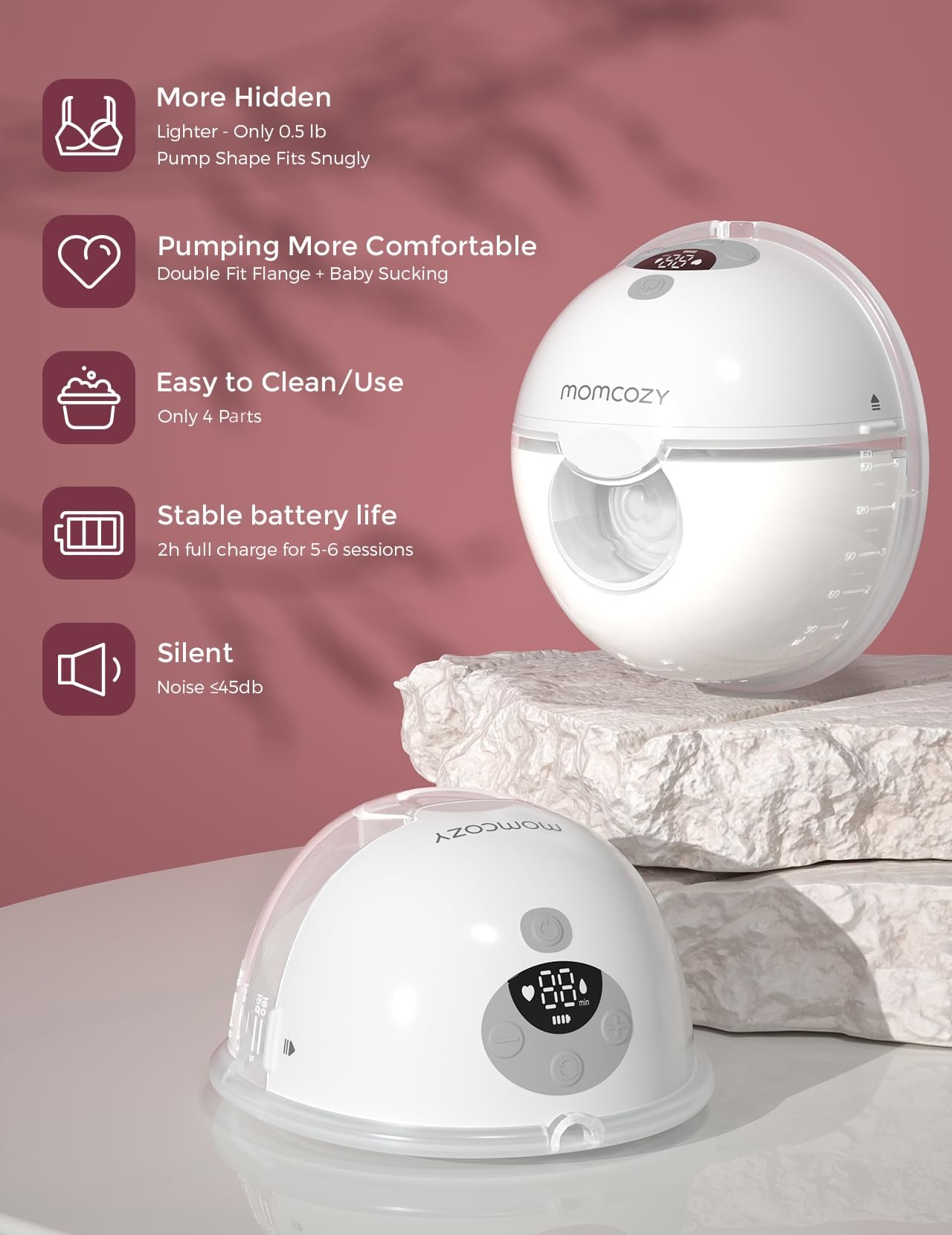 Momcozy M5 Hands-Free Wearable Breast Pump, Double-Sealed Flange for Baby-Like Comfort, 3 Modes & 9 Suction Levels, Portable Electric Pump – 24mm, 2-Pack Quill Gray