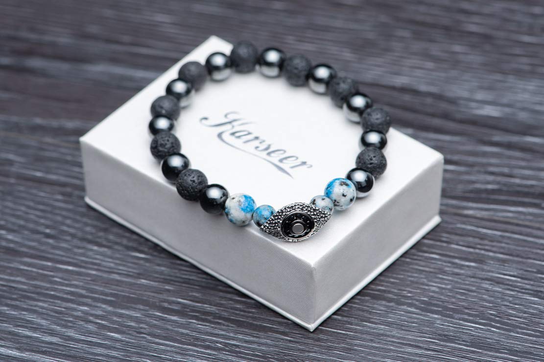 Karseer Vintage Silver and Black Plated Evil Eye Magnetic Energy Balance Anti Anxiety Bracelet Natural Hematite K2 Blue Azurite