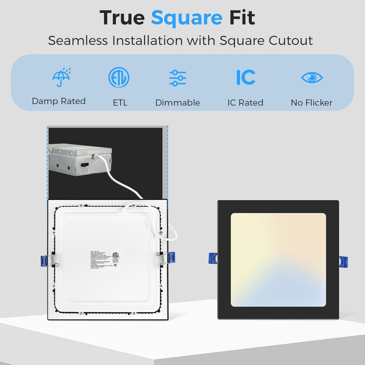 HONZIN 1 Pack 12 Inch Square Recessed Lighting, 5CCT Ultra-Thin LED Downlight, 2700K/3000K/3500K/4000K/5000K Selectable, Dimmable, 24W, IC Rated Canless Ceiling Lights with Junction Box, Black Trim