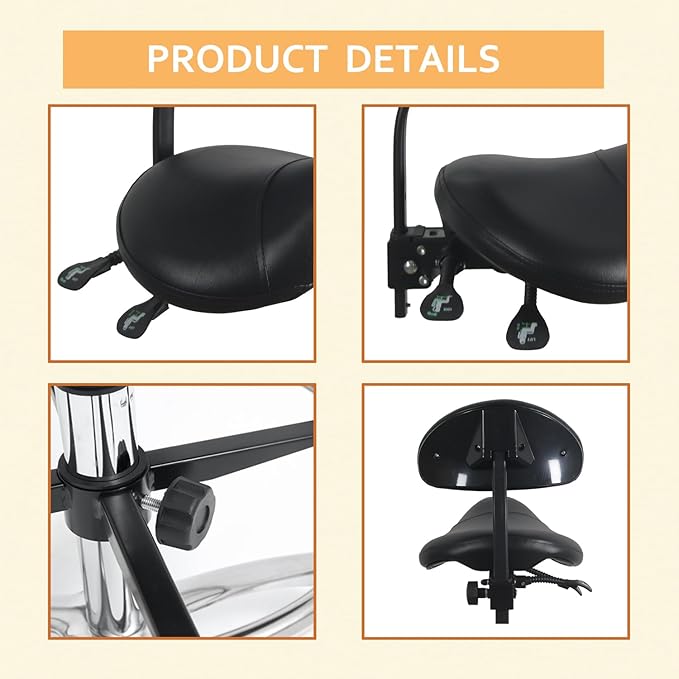 Nazalus Saddle Stool Chair with Back Support Footrest, Heavy-Duty(350LBS), Hydraulic Rolling Swivel Adjustable Stool Chair for Salon Spa Beauty Massage Dental Clinic Home Office Use(Black)