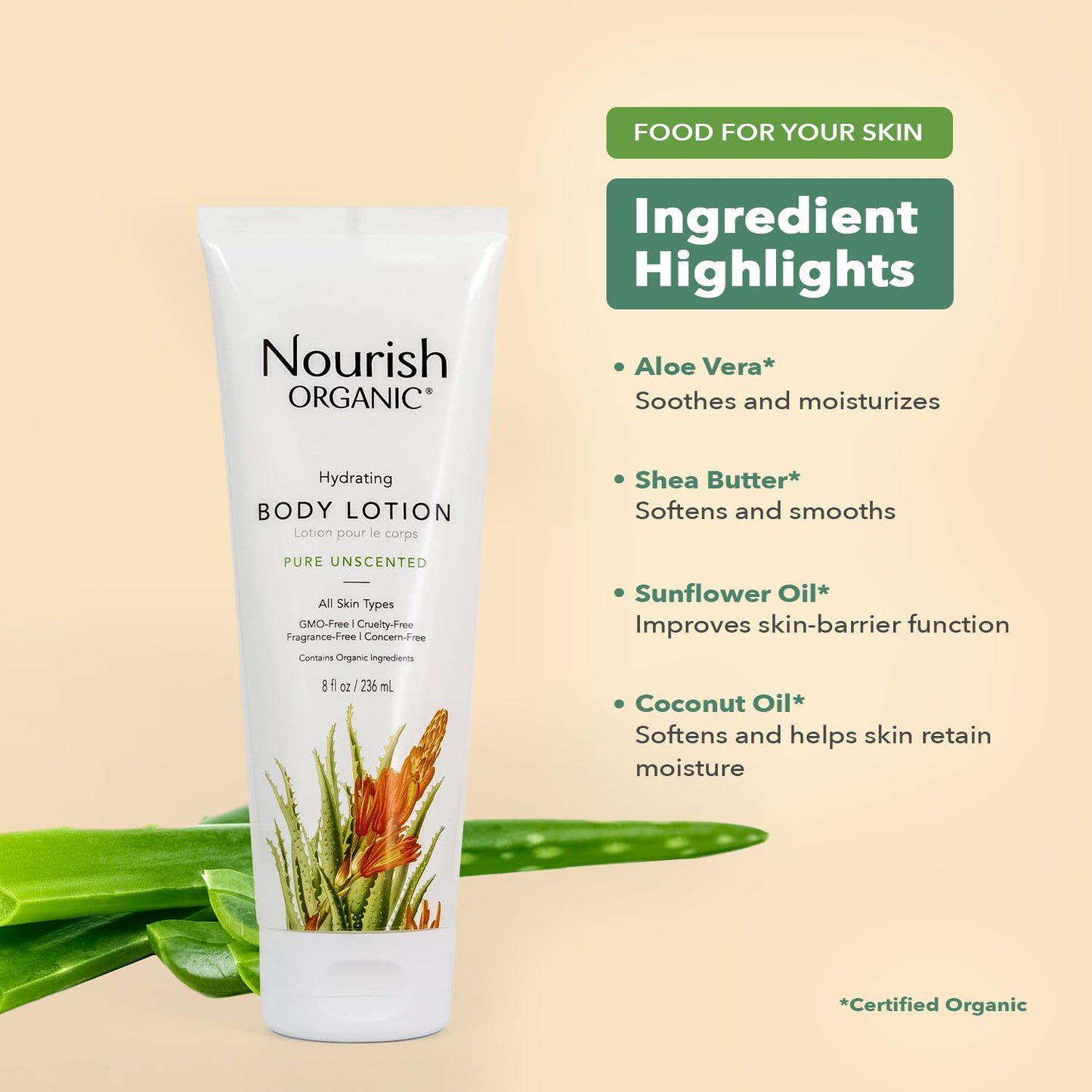 Nourish Organic Body Lotion, Unscented - Hydrating Body Lotion for Dry Skin with Certified Organic Aloe Vera, Shea Butter, Cocon