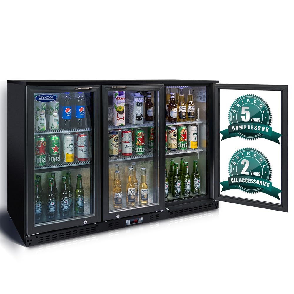 11.3 Cu.Ft Beverage Refrigerator,3 Glass Door Display Commercial Refrigerators with LED and Adjustable Shelves,Door Lock & Easy-pull Handle,480 Cans Beverage Refrigerators for Beer Wine Drink,Black