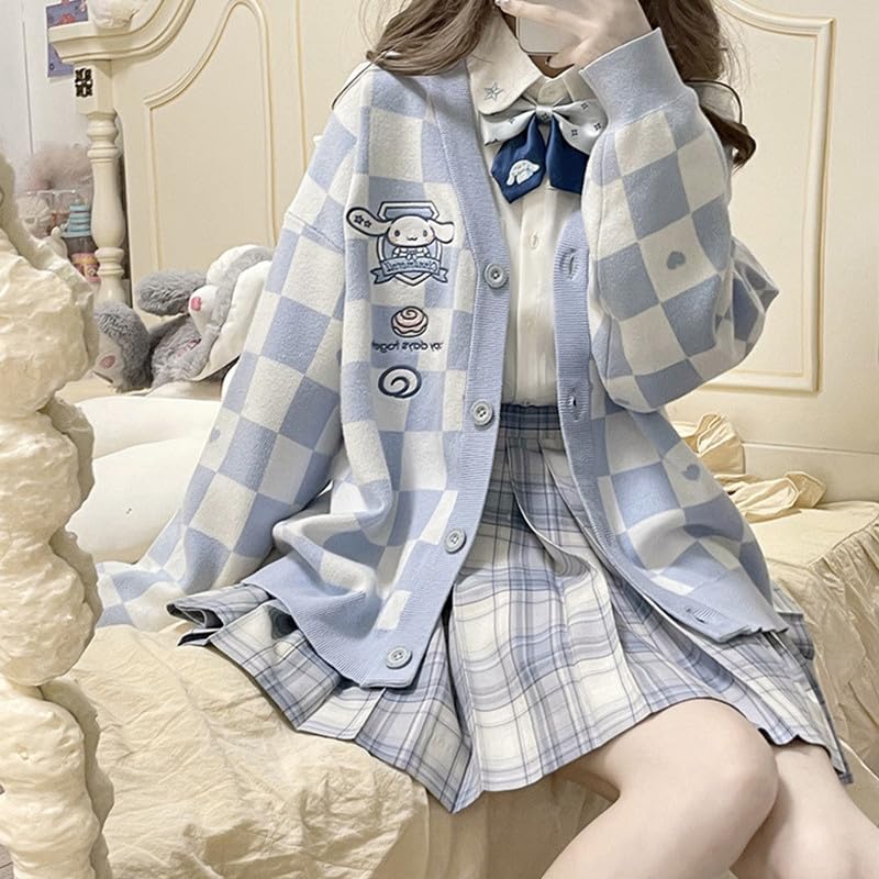 Kawaii Sweater Anime Blue Plaid Cardigan Sweaters for Women Cosplay Costume V Neck Long Sleeve Women's Button Knitted Outerwear JK Uniform S