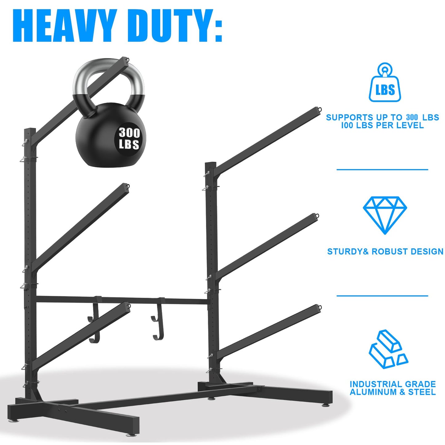 Kayak Storage Rack with Paddle Hooks, SUP Outdoor Storage Rack Heavy Duty Adjustable Weatherproof Freestanding Racks for Garage, Storage Rack for Kayak, Canoe, Surfboard (3 Levels for 3 Kayaks)