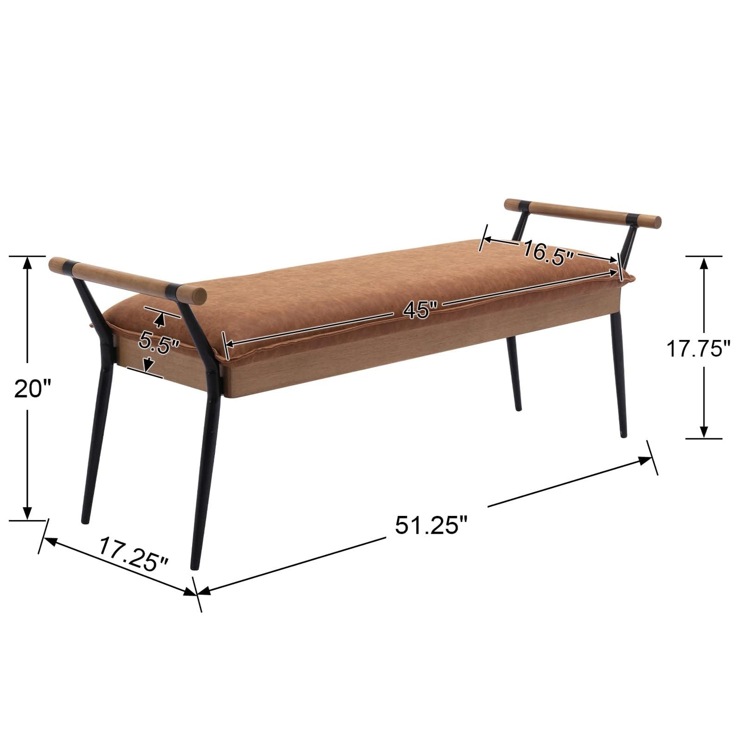 DUOMAY Modern Rectangle Ottoman Bench with Arms and Metal Legs, Mid Century PU Dining Table Bench Footstool Entryway Shoe Bench for Dining Room Bedroom Living Room, Brown