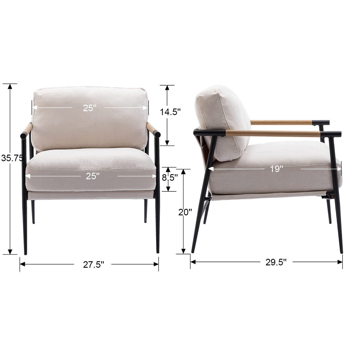Ya-Home Mid-Century Accent Chair, Soft Armchair Chenille Fabric Lounge Chair with Black Metal Legs, Upholstered Leisure Chair for Living Room Bedroom Reception Room, 1PC, Beige