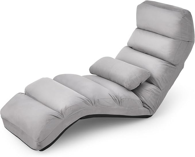 KOMFOTT Foldable Floor Lazy Sofa with Pillow, Indoor Chaise Lounger with 5 Adjustable Positions, Adjustable Back Support & Footrest, Video Gaming Chair for Home, Office, Reading, Watching (Grey)