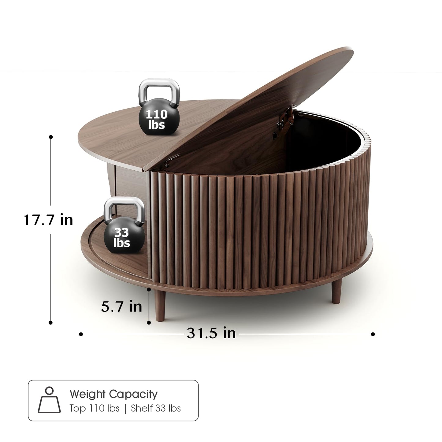 JOINICE,Round Coffee Table with Storage,Fluted Center Table with Sliding Cabinet Door for Living Room,Home Small Space,31.5" Small Center Table,Walnut