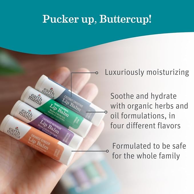 Earth Mama Lip Balm Set | Mint Herbal 4-Pack | Lip Moisturizer with Organic Shea Butter for Sensitive Skin