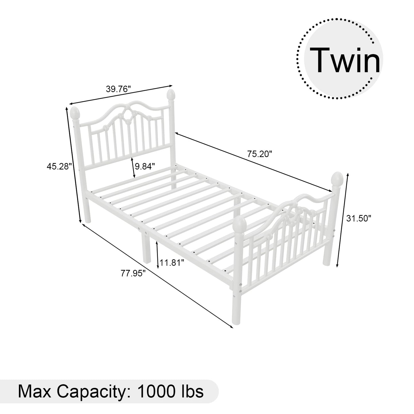 LoVinson Twin Bed Frame with Headboard and Footboard, Modern Metal Platform Bed Frame for Kids, Support Up to 800LBS, No Box Spring Needed, Noise Free, Easy Assembly, White