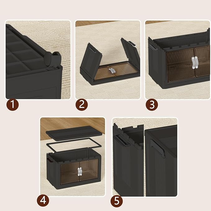 Stackable Storage Bins, Collapsible Stackable Storage Containers Bin with Doors & Wheels, Folding Plastic Closet Foldable Cabinet Storage Boxes for Home, Pantry, Office, (S, Gray 5-Tier)