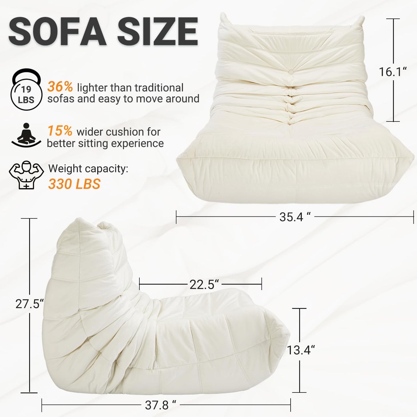 Bean Bag Chairs for Adults - Comfy High-Density Foam Fireside Chair, Adult Size, Soft Dutch Velvet Cover Beanbag Couch, Versatile for Living Room, Bedroom, Dorm, Reading & Gaming (Beige)
