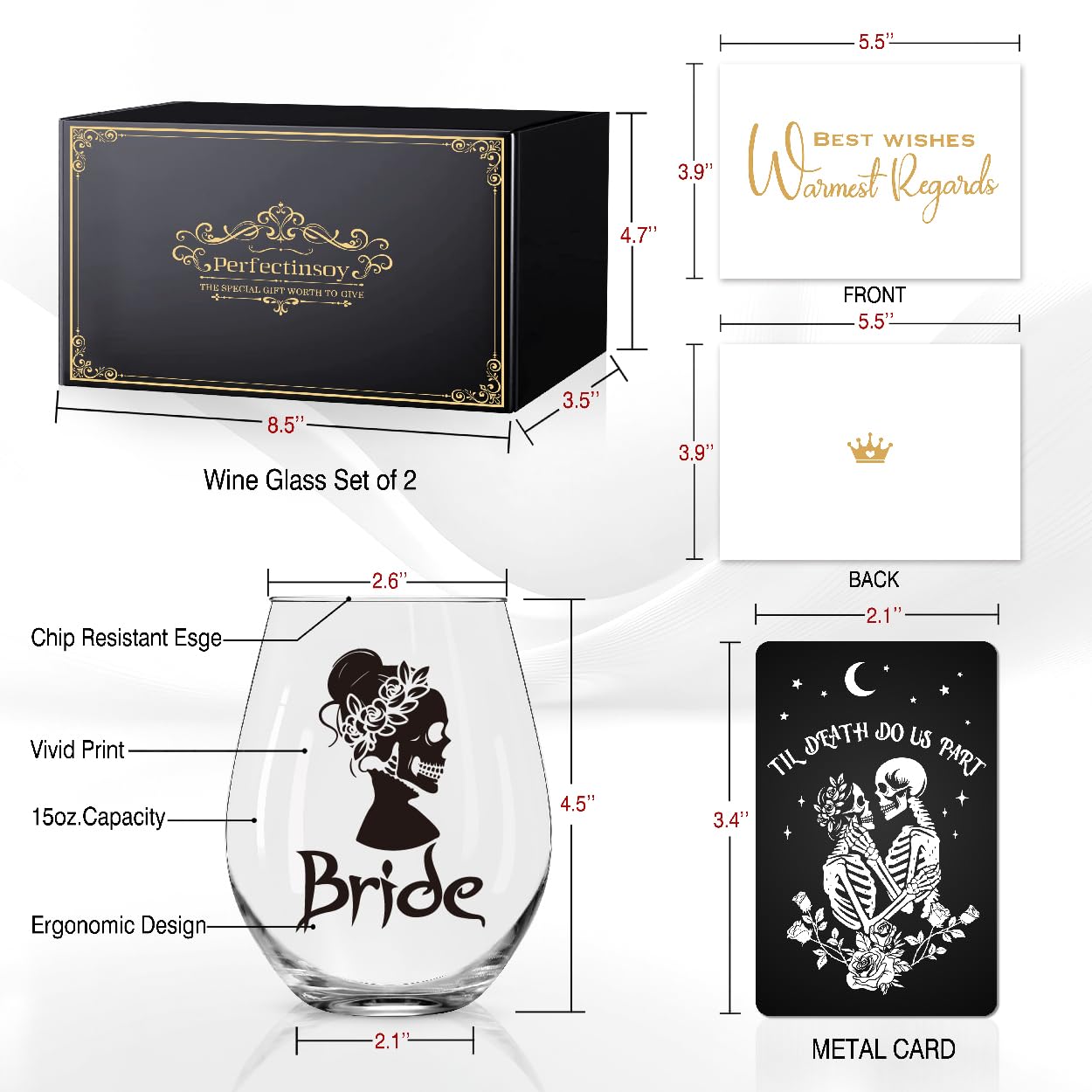 Perfectinsoy Skull Wine Glass 2 Piece with Gift Box, Zombie Design, Valentine's Day Autumn Halloween, Anniversary Wedding Gifts, Couple Gifts for Boyfriend and Girlfriend. (Bride Groom Set of 2)