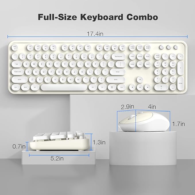 Wireless Keyboard and Mouse Combo, 104 Keys Full-Sized Typewriter Keyboards, 2.4 GHz USB Receiver Plug and Play, for Windows, PC, Laptop, Desktop (Cremy White)