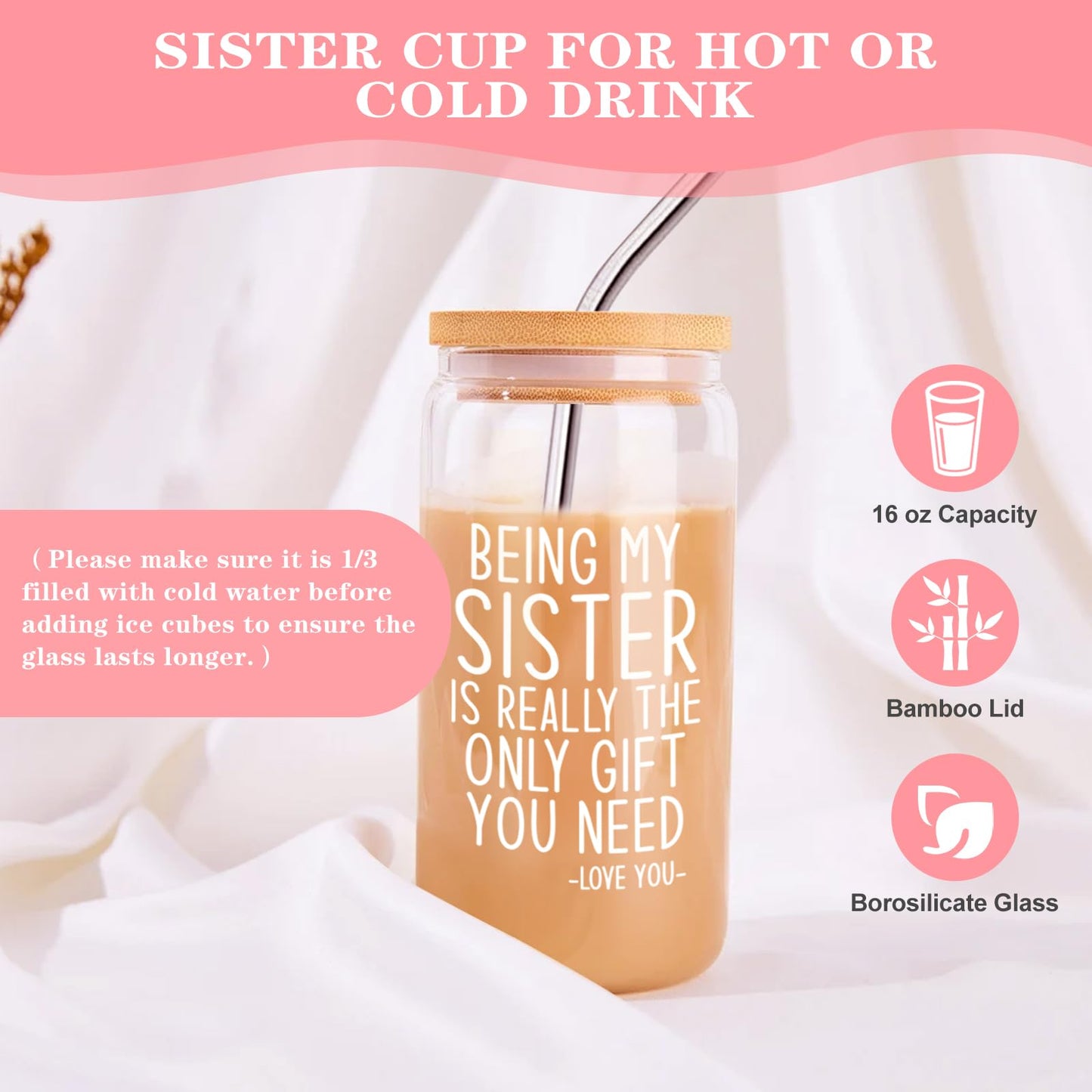 Sister Birthday Gifts, Sisters Gifts from Sister, Best Funny Cool Birthday Gift for Big Sisters, Sister in Law, Sister Adult w 18oz Glass