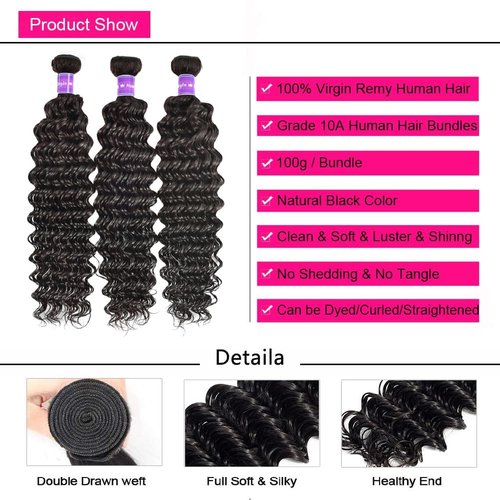 Deep Wave Bundles with Closure (12 14 16+10,Free Part) 100% Unprocessed Brazilian Virgin Hair Weave Bundles with Lace Closure Curly Virgin Human Hair Weft Natural Color for Black Women