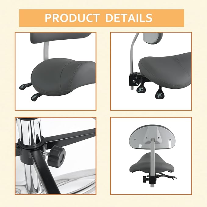 Nazalus Saddle Stool Chair with Back Support Footrest, Heavy-Duty(350LBS), Hydraulic Rolling Swivel Adjustable Stool Chair for Salon Spa Beauty Massage Dental Clinic Home Office Use(Grey)