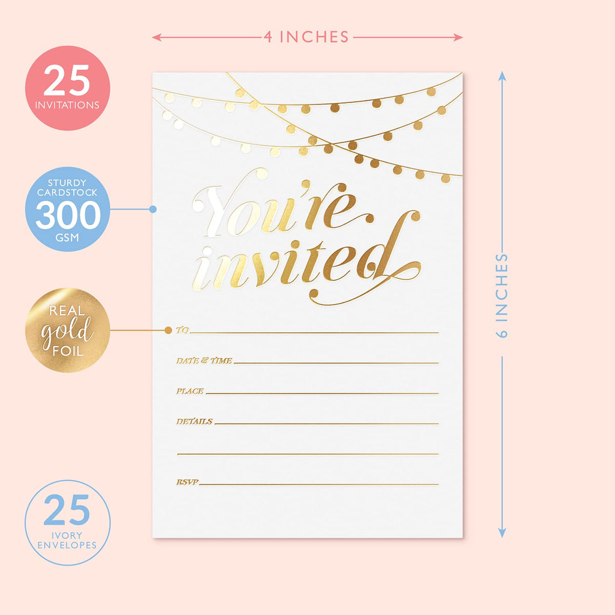 S&O Party Invitations! 25 Gold Foil Traditional Invitations with Envelopes, Wedding, Baby, & Bridal Shower Invite, Housewarming Birthday, and Girls Quinceanera Invite Cards for Every Celebration - 4x6