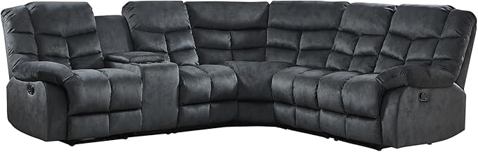 EBELLO Manual Reclining Sectional Sofa Set for Living Room, Soft Fabric Recliner Corner Sectional Couch with Center Console, Cup Holder and Storage, Grey