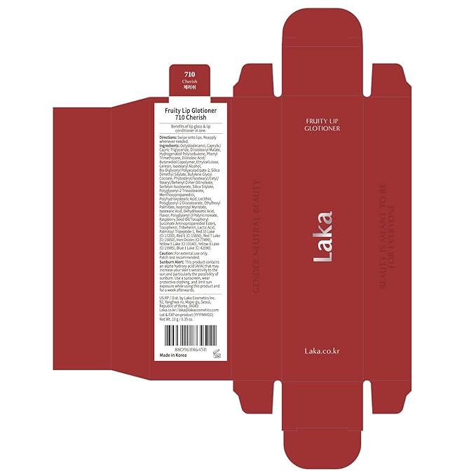 Laka Fruity Lip Glotioner, 10ml/0.33 fl.oz, Lip Gloss with High Shine Vivid Colors, Jelly tip for Hygienic & Easy Application, K-Beauty (#710 Cherish)