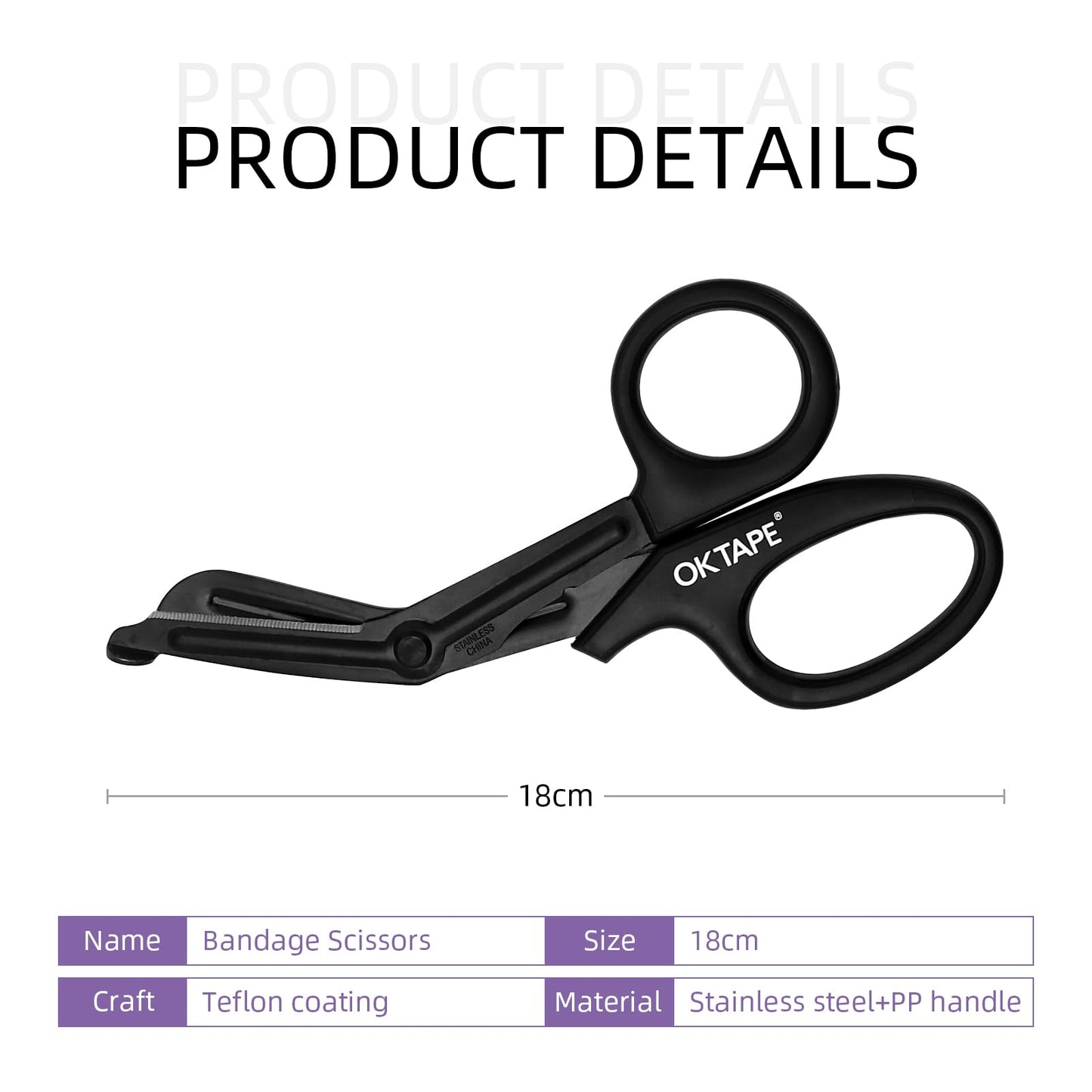 OK TAPE Shears - Bandage Scissors,Medical Scissors, EMT Trauma Shears, Non-Stick Scissors, First Aid Outdoor Stainless Steel Teflon, Black Handle and Black Coated Blades, 1 Packs