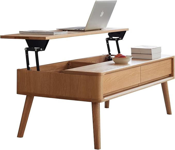 QKFF Wood Lift Top Coffee Table, 100% Solid Oak Wood Small Rising Dining Center Tables with Storage Shelf and Hidden Compartment for Living Room 40D x 22W x 26H